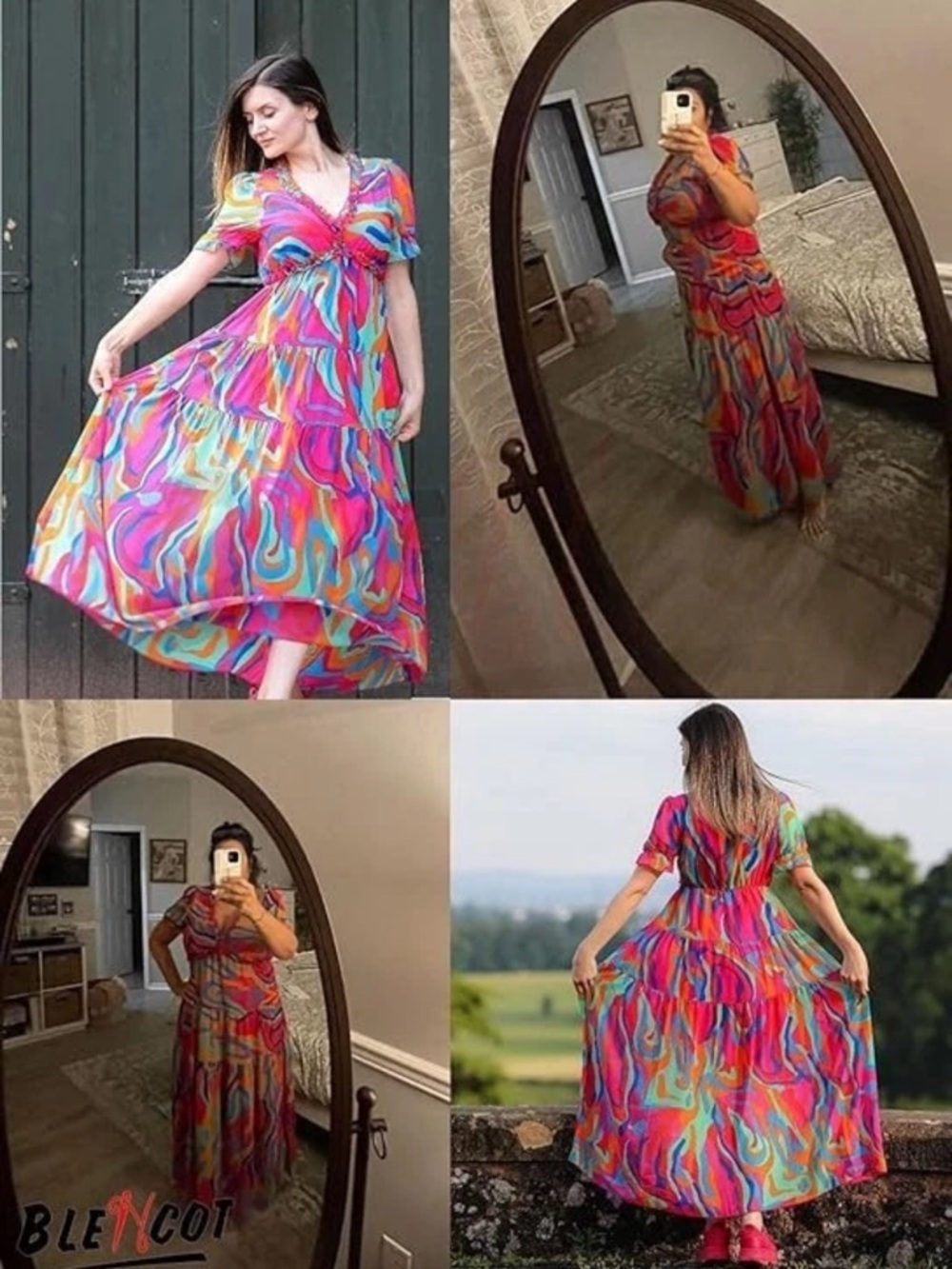 NWOT Maxi Dress Sz Large Casual Boho Printed V Neck Long Evening Colorful Ruffle - Picture 2 of 8